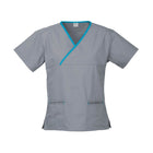 Biz Care Women's Contrast Crossover Scrubs Top H10722 in gray with teal