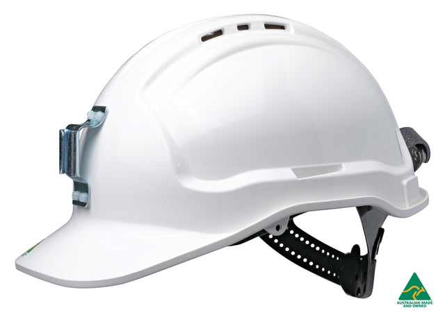 Maxisafe Tuffgard Vented Hard Hat with Sliplock Harness and metal lamp bracket