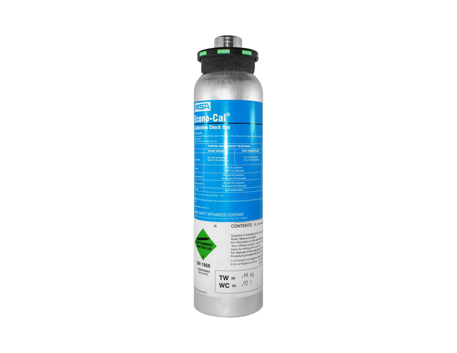 MSA 58 Litres ALTAIR 4X 4 Gas Calibration Gas Cylinder With 1.45% CH4 15% O2 60PPM CO 20PPM H2S