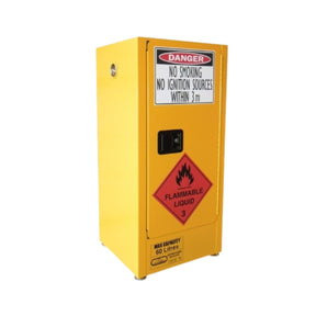 Yellow flammable liquid storage cabinet with hazard labels