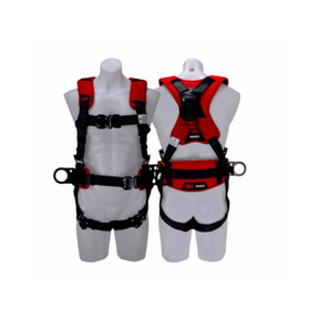 Red and black full body safety harness with padding for fall protection
