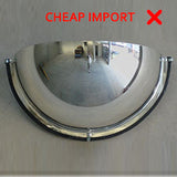 Comparison photo showing image distortion on a cheap imported half dome mirror