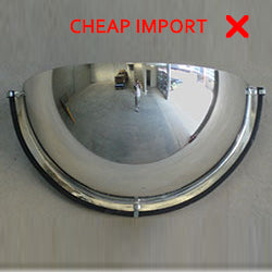 Comparison photo showing image distortion on a cheap imported half dome mirror