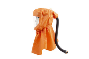 Orange respiratory hood with hose and face shield