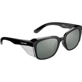 Black sunglasses with a white stripe on a white background