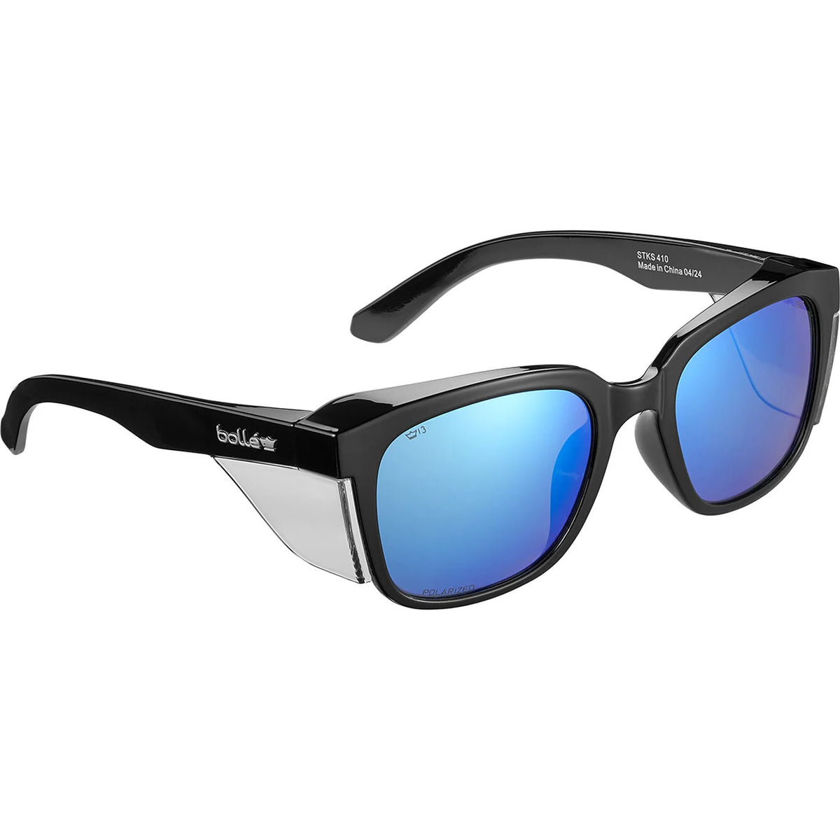 Sunglasses with black frame and blue lenses on a white background