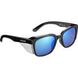 Sunglasses with black frame and blue lenses on a white background