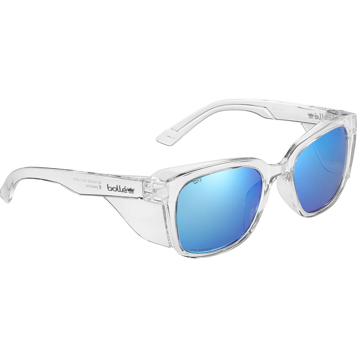 Clear acetate shield-style sunglasses with blue mirrored lenses, shown on a plain white background. The brand name 'bolide' is visible on the temple arm.