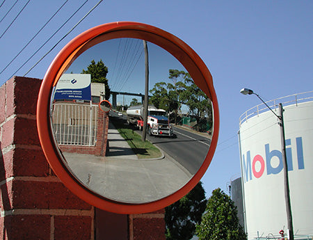 Deluxe stainless steel traffic mirror mounted outdoors