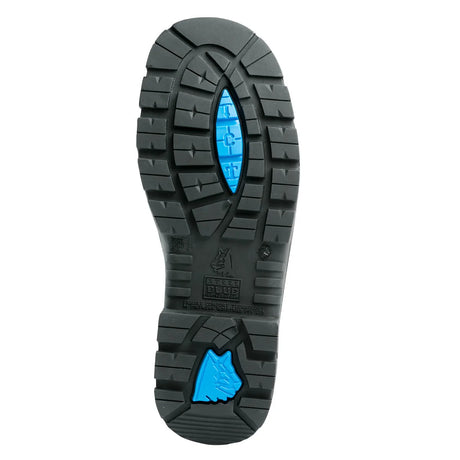 Close-up of a black and blue sole with a brand logo on a white background