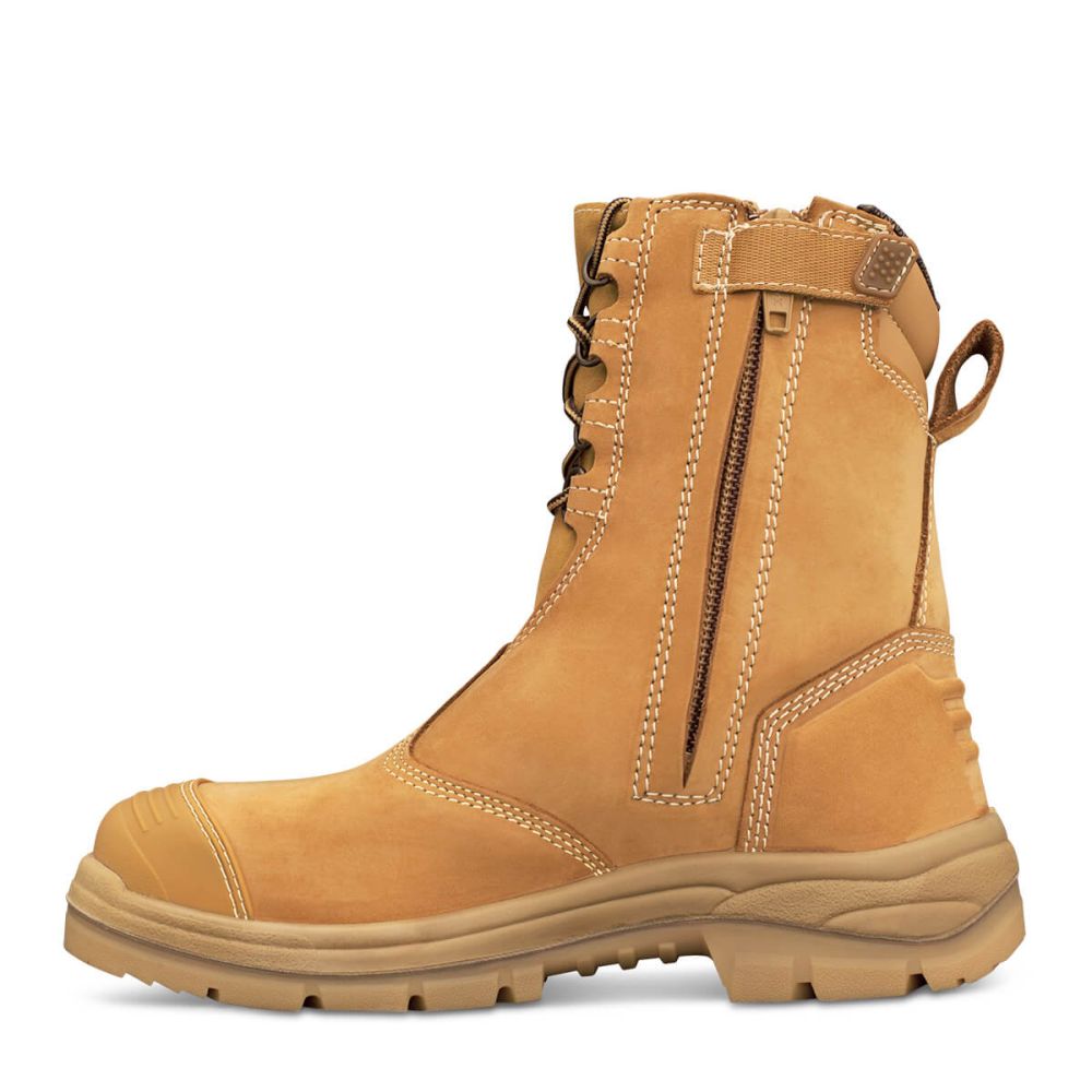 Side view of Oliver 200mm Hi-Leg Wheat Zip Sided Safety Boots 55-385 showing full-length zipper and reinforced stitching for industrial-grade protection.