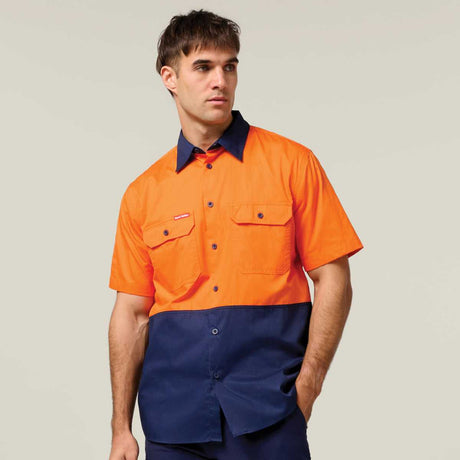Hard Yakka Koolgear Core Hi-Vis Lightweight Vented Short Sleeve Cotton Shirt Y04620 in Orange/Navy