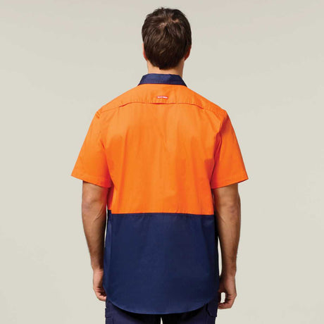 Hard Yakka Koolgear Core Hi-Vis Lightweight Vented Short Sleeve Cotton Shirt Y04620 in Orange/Navy