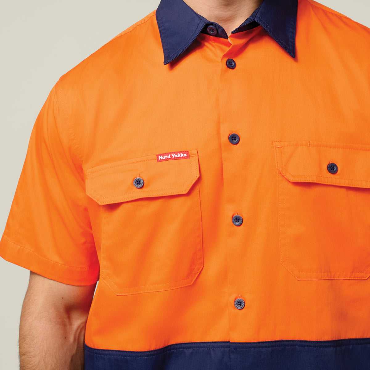 Hard Yakka Koolgear Core Hi-Vis Lightweight Vented Short Sleeve Cotton Shirt Y04620 in Orange/Navy