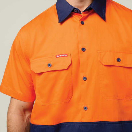 Hard Yakka Koolgear Core Hi-Vis Lightweight Vented Short Sleeve Cotton Shirt Y04620 in Orange/Navy