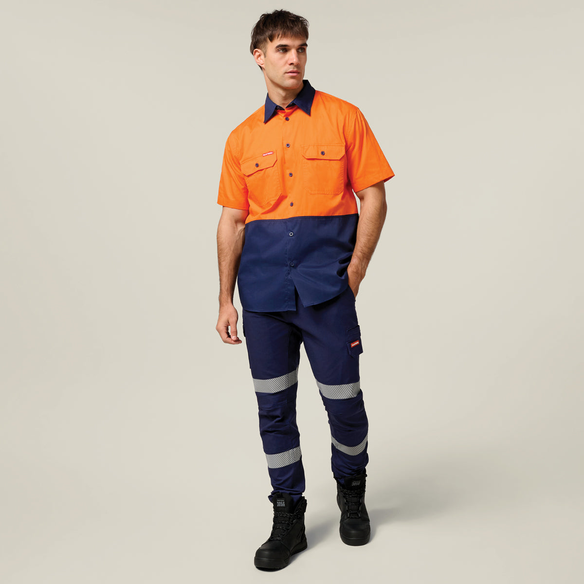 Hard Yakka Koolgear Core Hi-Vis Lightweight Vented Short Sleeve Cotton Shirt Y04620 in Orange/Navy