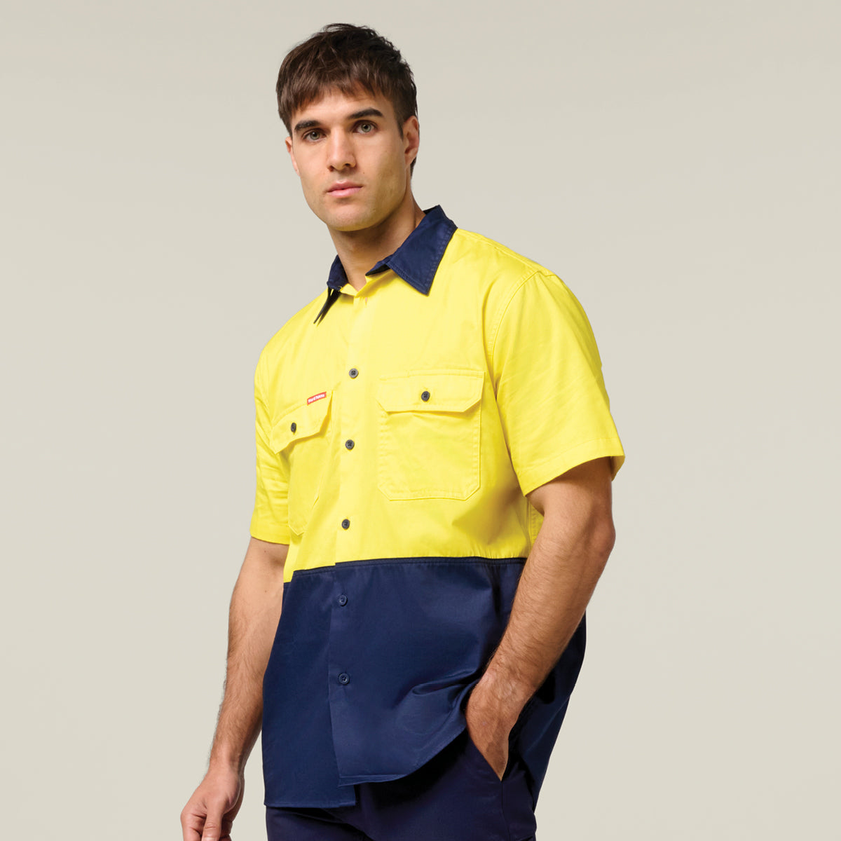 Hard Yakka Koolgear Core Hi-Vis Lightweight Vented Short Sleeve Cotton Shirt Y04620 in Yellow/Navy