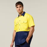 Hard Yakka Koolgear Core Hi-Vis Lightweight Vented Short Sleeve Cotton Shirt Y04620 in Yellow/Navy