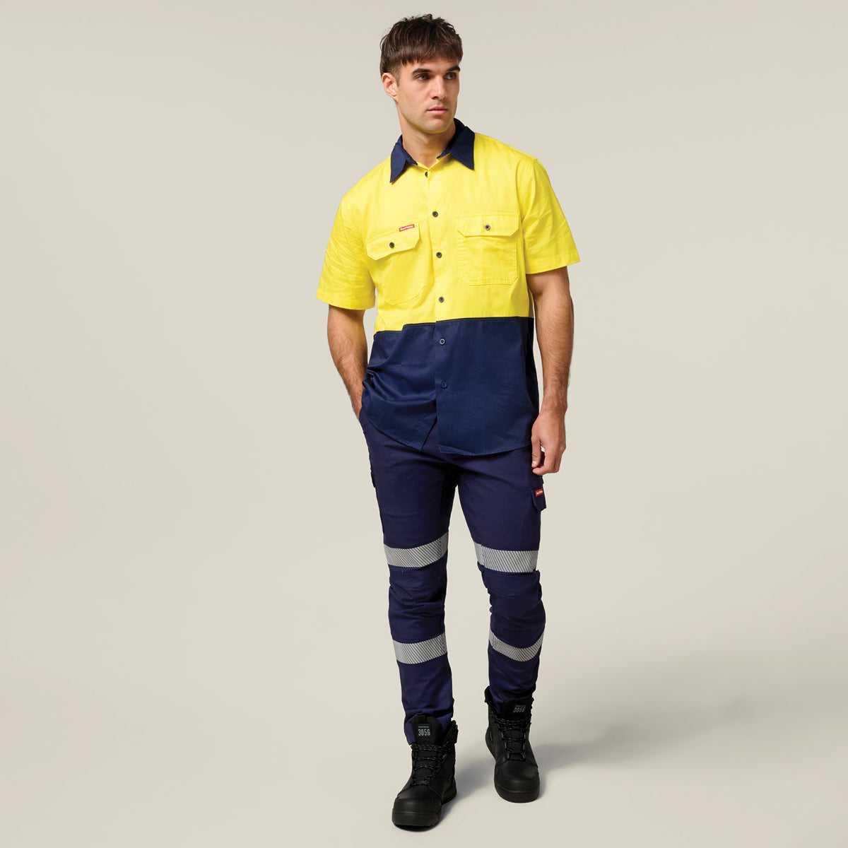 Hard Yakka Koolgear Core Hi-Vis Lightweight Vented Short Sleeve Cotton Shirt Y04620 in Yellow/Navy