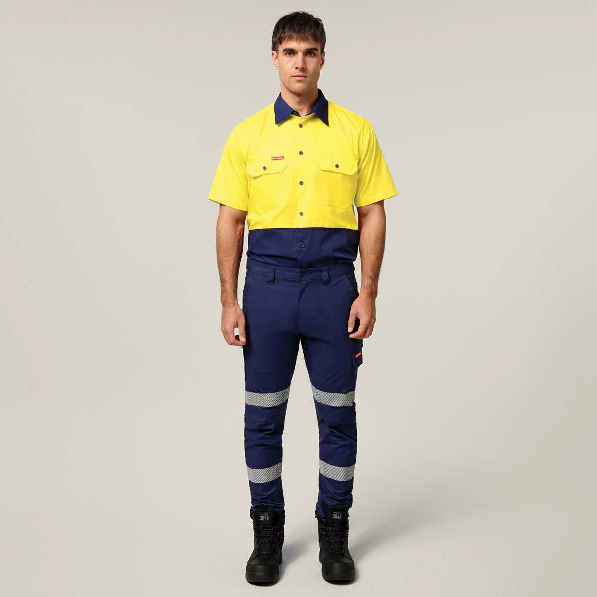 Hard Yakka Koolgear Core Hi-Vis Lightweight Vented Short Sleeve Cotton Shirt Y04620 in Yellow/Navy