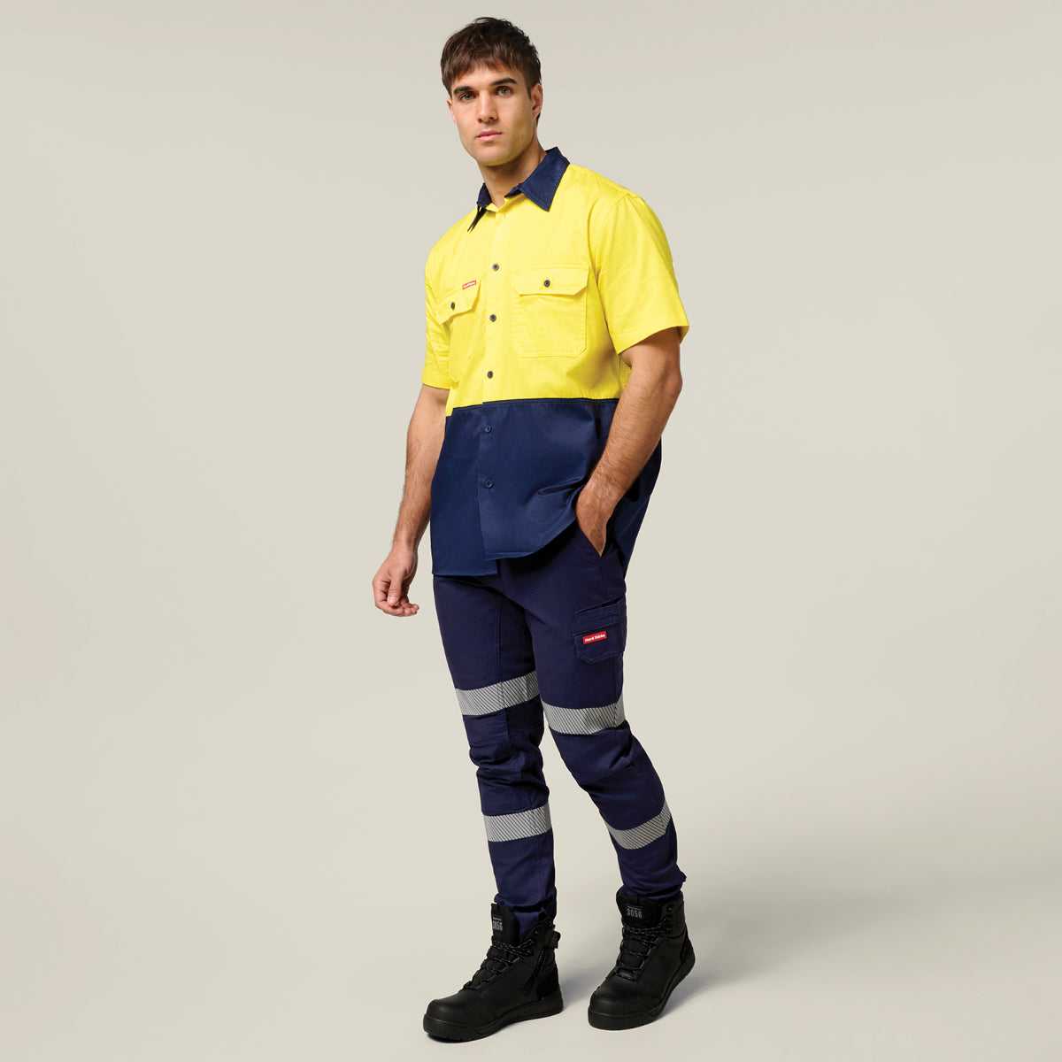 Hard Yakka Koolgear Core Hi-Vis Lightweight Vented Short Sleeve Cotton Shirt Y04620 in Yellow/Navy
