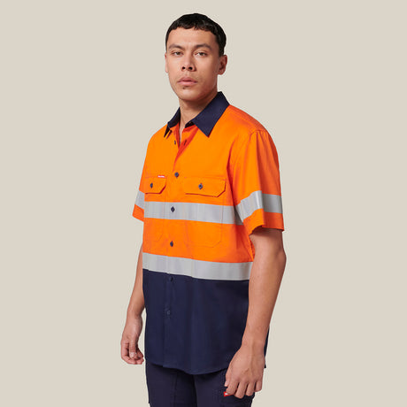 Hard Yakka Koolgear Short Sleeve Hi-Vis 2 Tone Taped Vented Shirt Y07754 in Orange/Navy