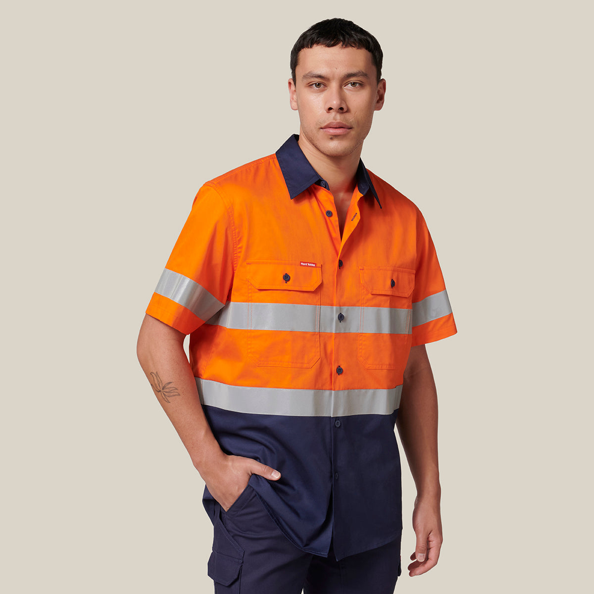 Hard Yakka Koolgear Short Sleeve Hi-Vis 2 Tone Taped Vented Shirt Y07754 in Orange/Navy