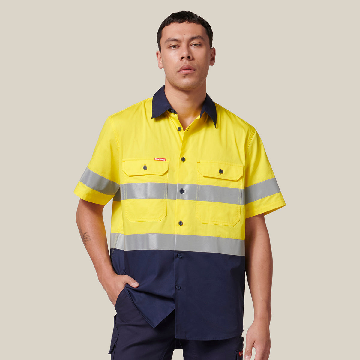 Hard Yakka Koolgear Short Sleeve Hi-Vis 2 Tone Taped Vented Shirt Y07754 in Yellow/Navy