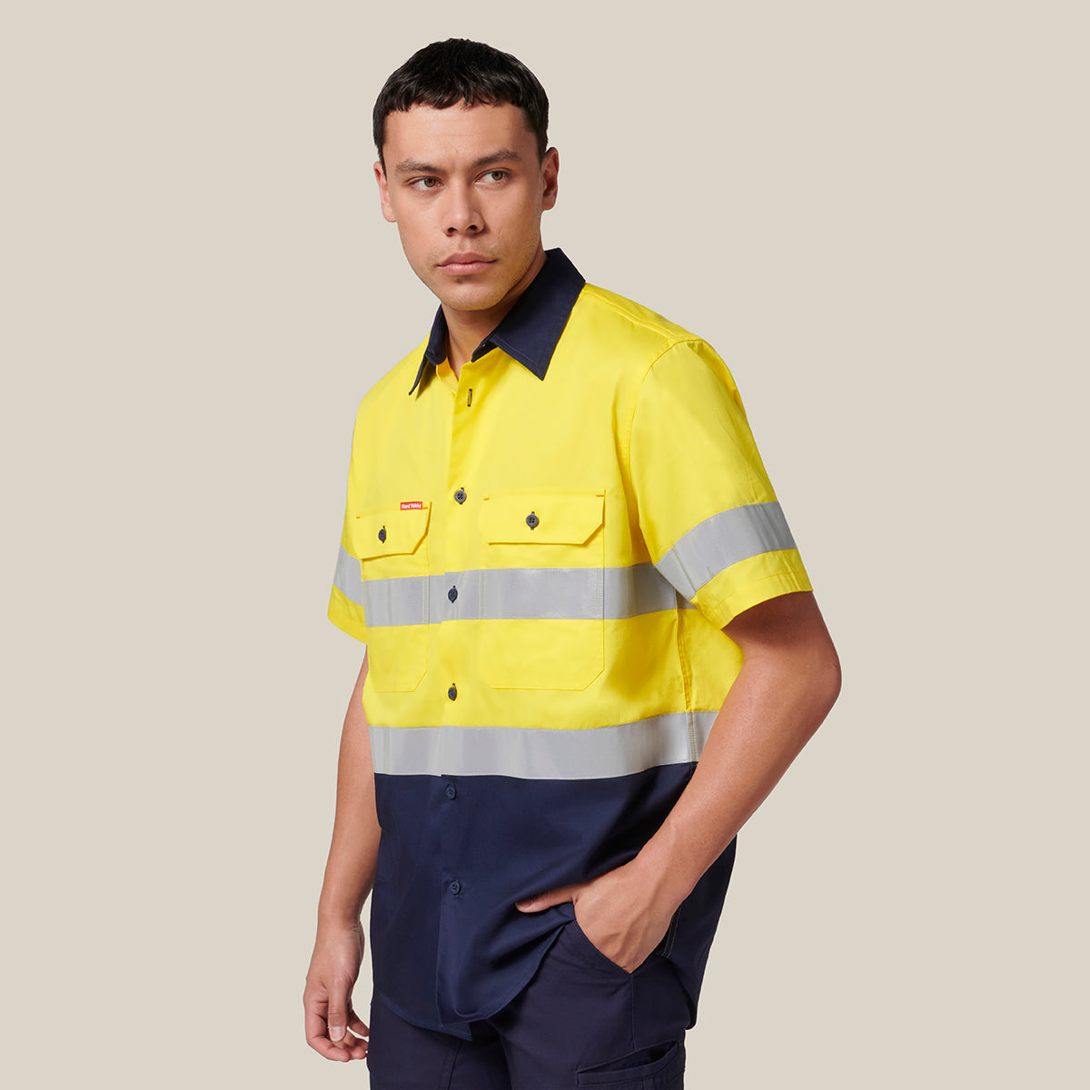 Hard Yakka Koolgear Short Sleeve Hi-Vis 2 Tone Taped Vented Shirt Y07754 in Yellow/Navy