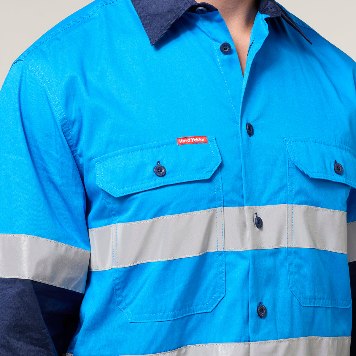 Hard Yakka Koolgear Core Long Sleeve Lightweight Spliced Taped Vented Drill Shirt Y07910 in Blue/Navy