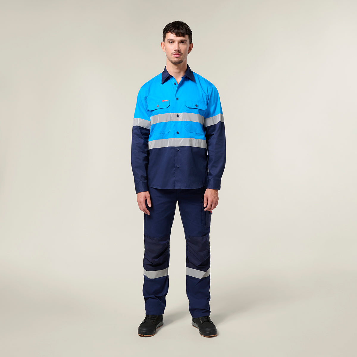 Hard Yakka Koolgear Core Long Sleeve Lightweight Spliced Taped Vented Drill Shirt Y07910 in Blue/Navy