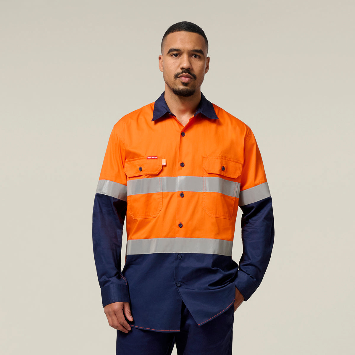 Hard Yakka Koolgear Core Hi-Vis 2 Tone Vented Taped Long Sleeve Cotton Shirt Y07978 in Orange/Navy