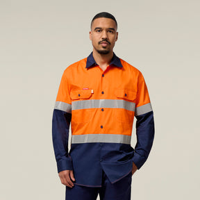 Hard Yakka Koolgear Core Hi-Vis 2 Tone Vented Taped Long Sleeve Cotton Shirt Y07978 in Orange/Navy