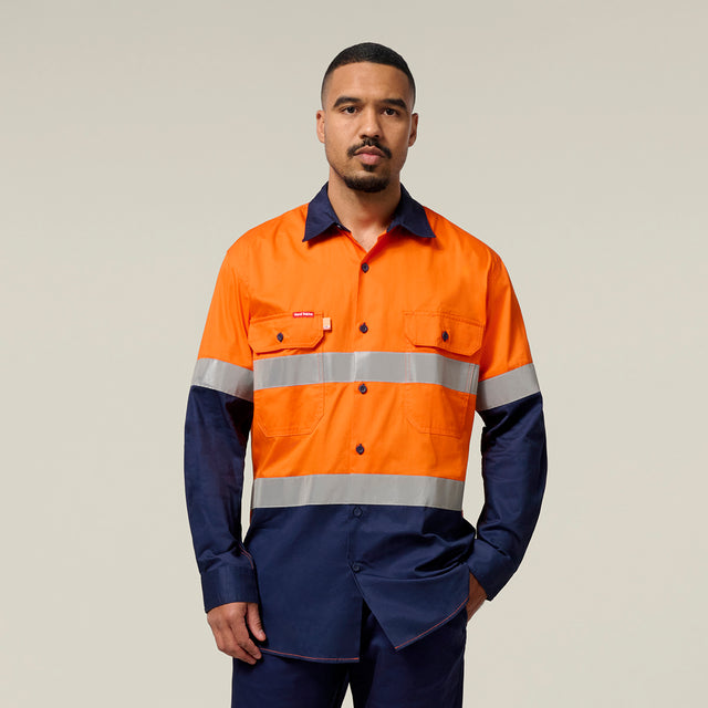 Hard Yakka Koolgear Core Hi-Vis 2 Tone Vented Taped Long Sleeve Cotton Shirt Y07978 in Orange/Navy