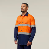 Hard Yakka Koolgear Core Hi-Vis 2 Tone Vented Taped Long Sleeve Cotton Shirt Y07978 in Orange/Navy