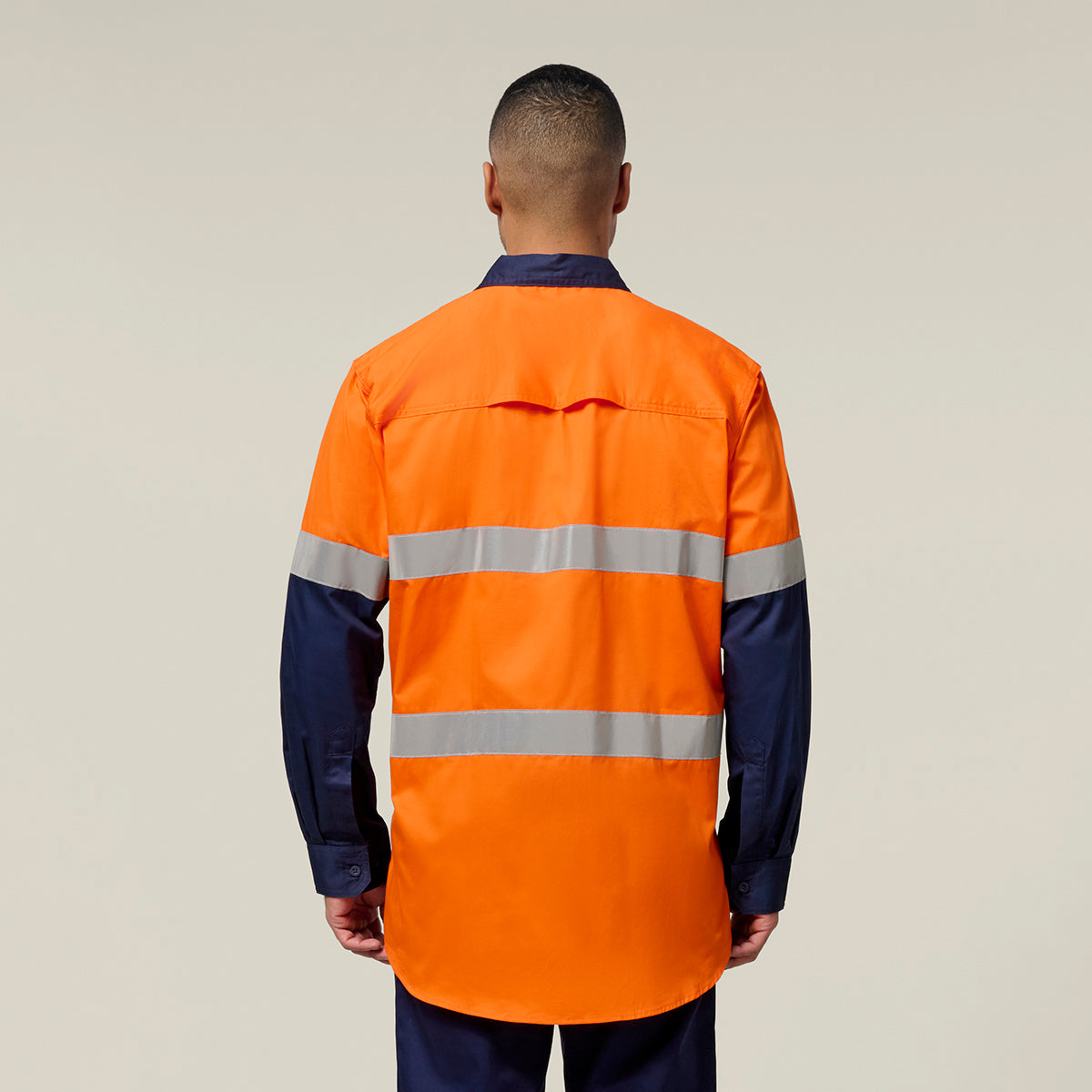 Hard Yakka Koolgear Core Hi-Vis 2 Tone Vented Taped Long Sleeve Cotton Shirt Y07978 in Orange/Navy
