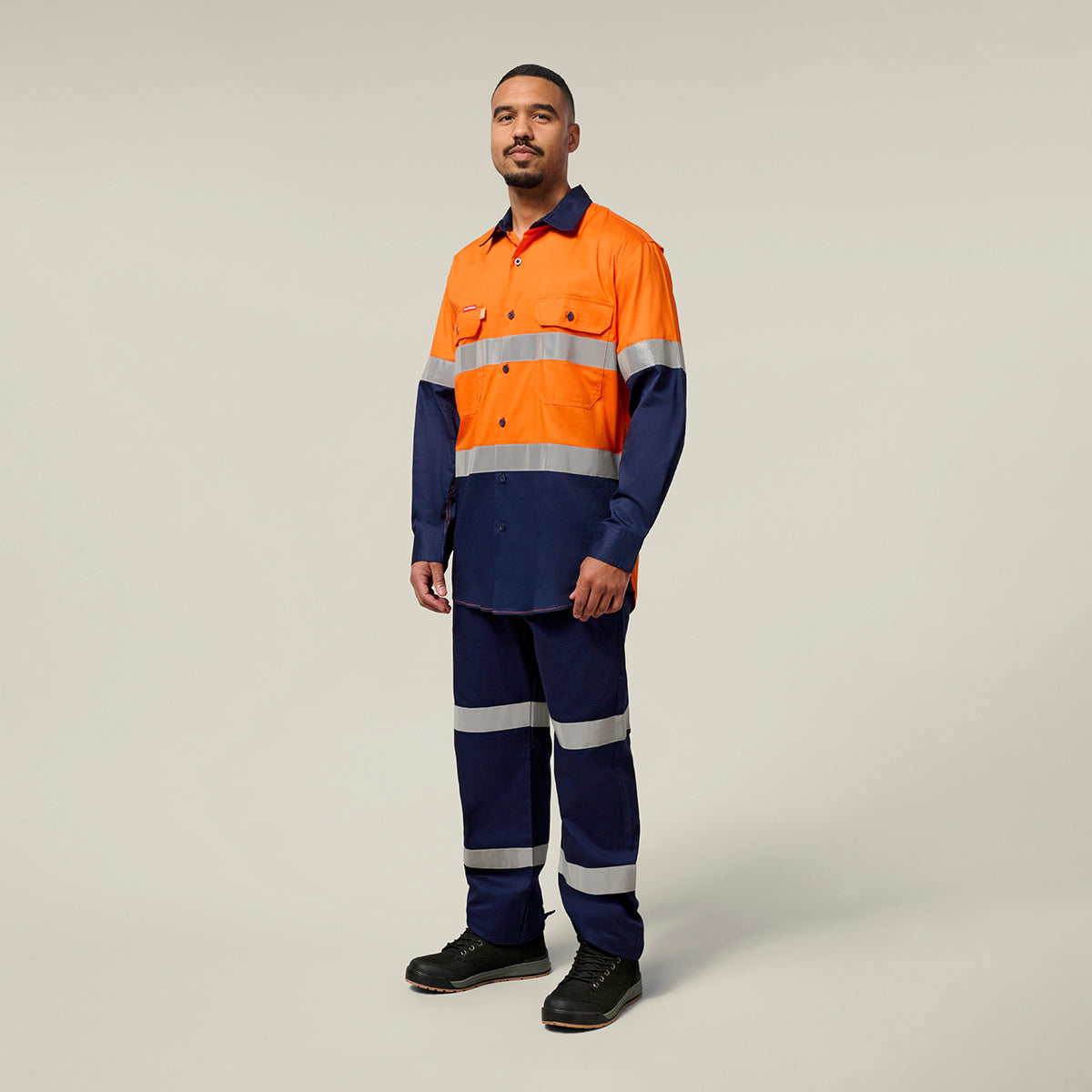 Hard Yakka Koolgear Core Hi-Vis 2 Tone Vented Taped Long Sleeve Cotton Shirt Y07978 in Orange/Navy