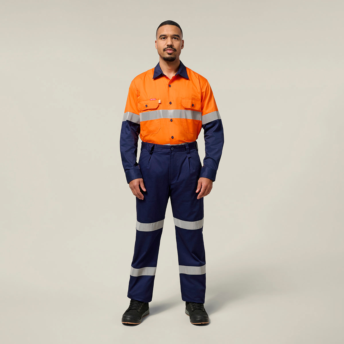 Hard Yakka Koolgear Core Hi-Vis 2 Tone Vented Taped Long Sleeve Cotton Shirt Y07978 in Orange/Navy