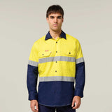 Hard Yakka Koolgear Core Hi-Vis 2 Tone Vented Taped Long Sleeve Cotton Shirt Y07978 in Yellow/Navy