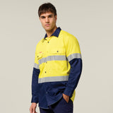 Hard Yakka Koolgear Core Hi-Vis 2 Tone Vented Taped Long Sleeve Cotton Shirt Y07978 in Yellow/Navy