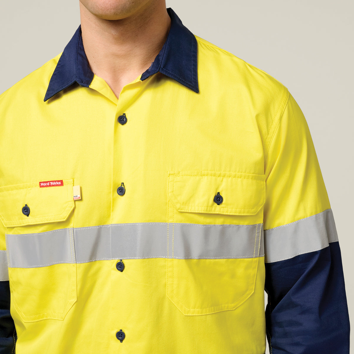 Hard Yakka Koolgear Core Hi-Vis 2 Tone Vented Taped Long Sleeve Cotton Shirt Y07978 in Yellow/Navy