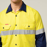 Hard Yakka Koolgear Core Hi-Vis 2 Tone Vented Taped Long Sleeve Cotton Shirt Y07978 in Yellow/Navy