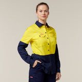 Hard Yakka Women's Koolgear Core 2 Tone Hi-Vis Vented Long Sleeve Shirt Y08225 in Yellow/Navy