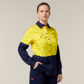 Hard Yakka Women's Koolgear Core 2 Tone Hi-Vis Vented Long Sleeve Shirt Y08225 in Yellow/Navy