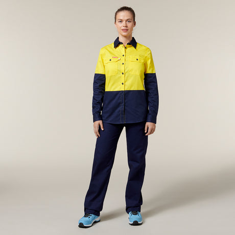 Hard Yakka Women's Koolgear Core 2 Tone Hi-Vis Vented Long Sleeve Shirt Y08225 in Yellow/Navy