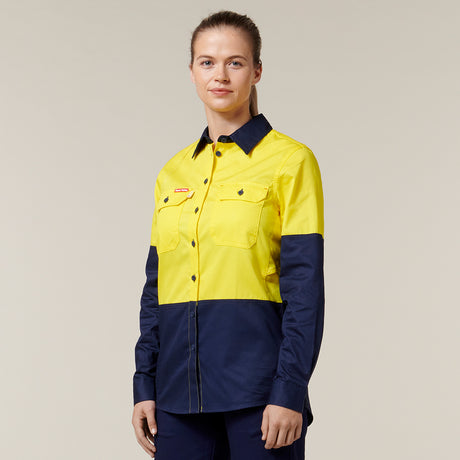 Hard Yakka Women's Koolgear Core 2 Tone Hi-Vis Vented Long Sleeve Shirt Y08225 in Yellow/Navy