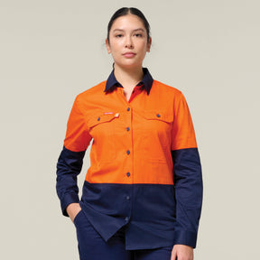 Hard Yakka Women's Koolgear Long Sleeve Hi-Vis 2 Tone Vented Shirt Y08423 in Orange/Navy