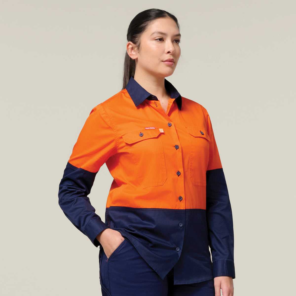 Hard Yakka Women's Koolgear Long Sleeve Hi-Vis 2 Tone Vented Shirt Y08423 in Orange/Navy