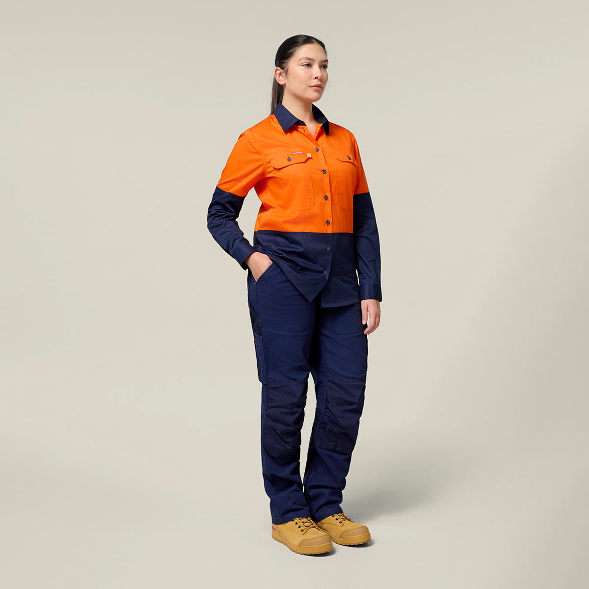 Hard Yakka Women's Koolgear Long Sleeve Hi-Vis 2 Tone Vented Shirt Y08423 in Orange/Navy