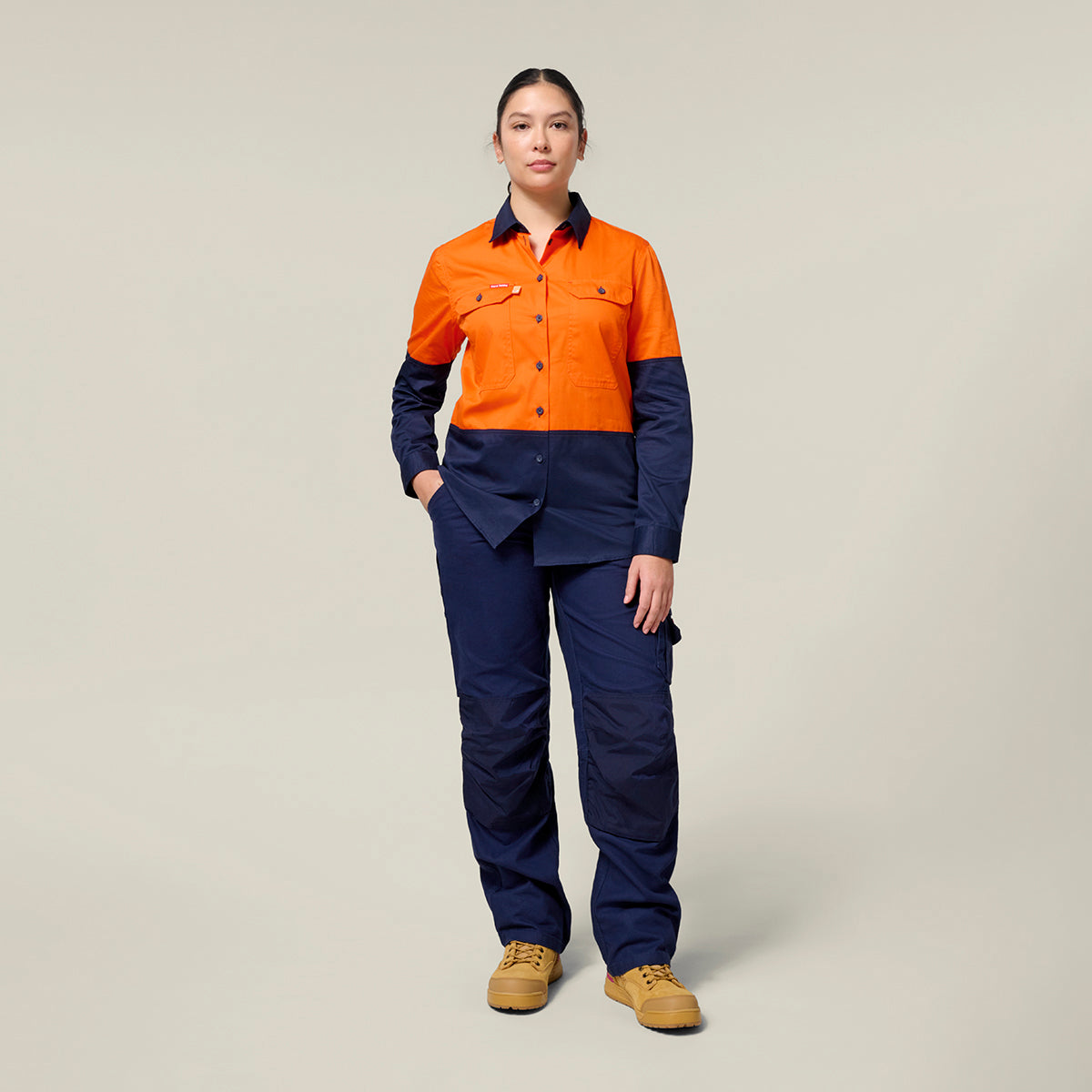 Hard Yakka Women's Koolgear Long Sleeve Hi-Vis 2 Tone Vented Shirt Y08423 in Orange/Navy